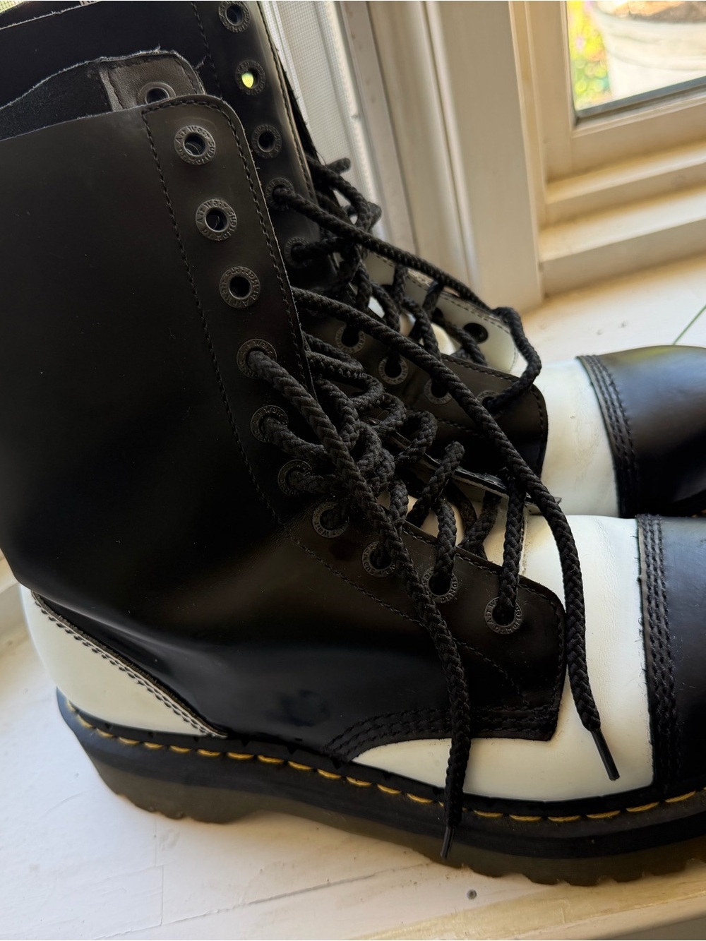 Dr. Martens Black and White 10- Eye Lace-Up Leather Boots crazy bomb